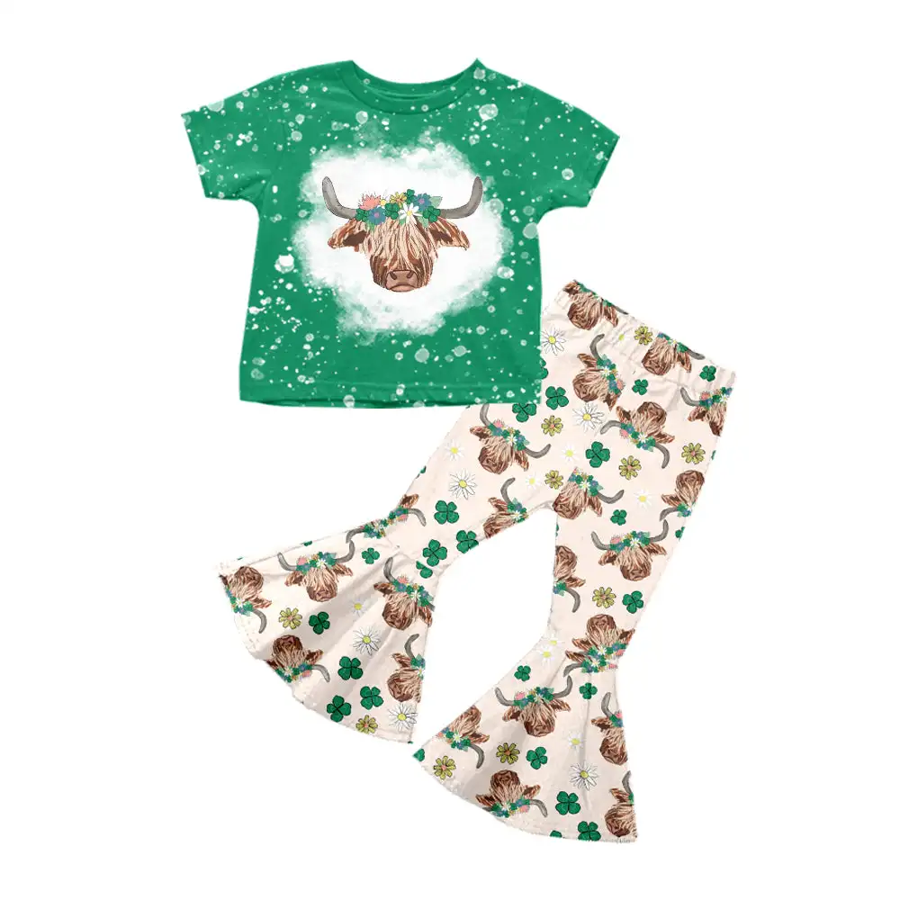 Boutique Girls St. Patrick's Clothes Set Green Quatrefoil Highland Cow Print Bell Bottom Pants Outfits With Girls Dresses