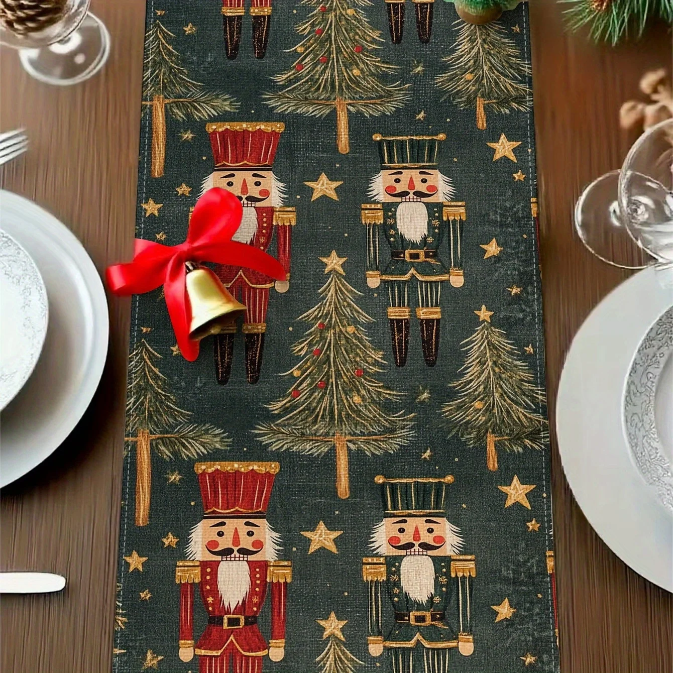 1Pc Vintage Christmas Style Table Runner Dark Green Nutcracker Soldier And Pine Tree Print Table Cover For Dining Table Kitchen