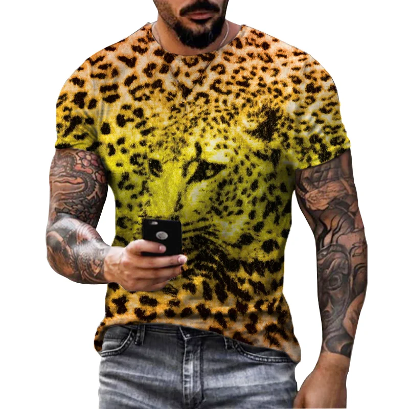 Summer Creative Fashion 3D HD Printing T-shirt Men\'s Personality Leopard Trend Retro Harajuku Street Hip-hop Casual Top Shirt