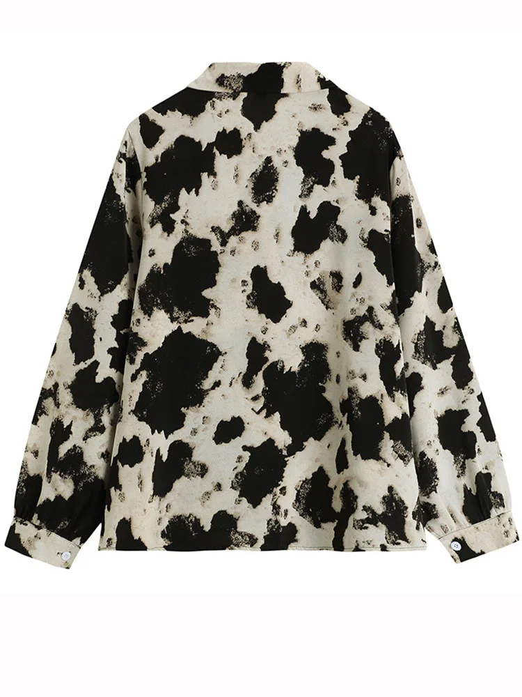 LANMREM Cow Pattern Shirt Female Black And White Color Block Print Design Niche Loose Top 2024 Autumn New Fashion 2DA7145