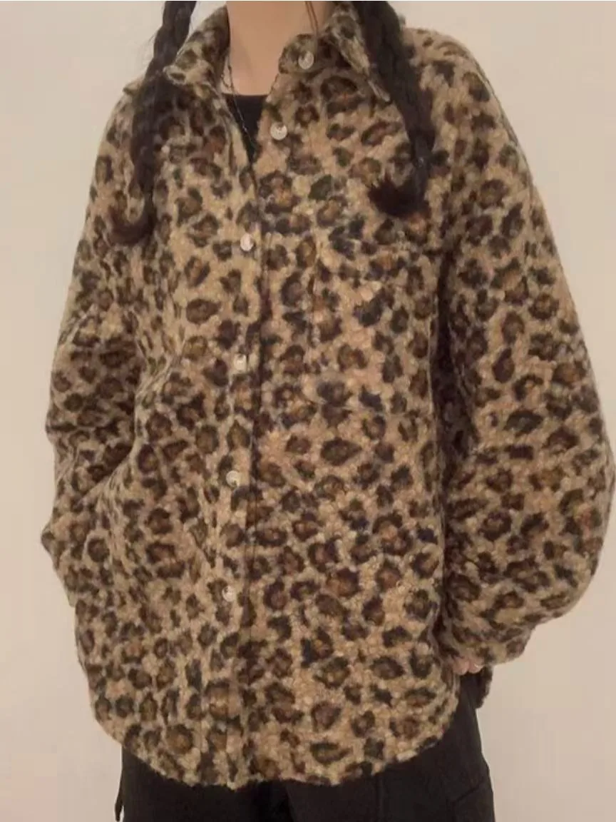 

Женское длинное шерстяное пальто в стиле ретро, шикарное осенне-зимнее свободное пальто на пуговицах, верхняя одежда с меховым леопардовым принтом