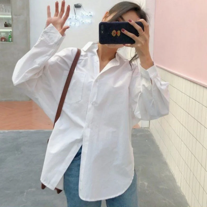 Vintage Long Sleeve Women Shirts 2025 Fashion New Loose White Blouse Turndown Collar Tops Office Lady Elegant Clothing