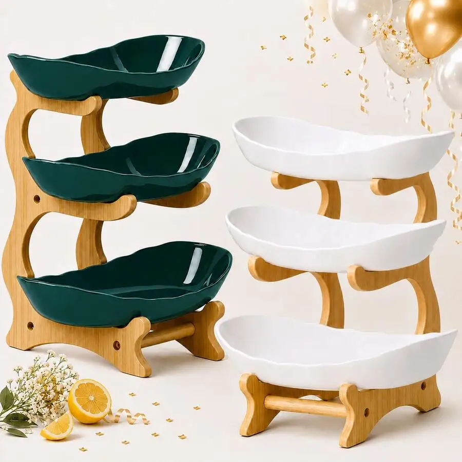 3-Tier Fruit Basket For Kitchen Countertop, Bamboo Stand With Removable Ceramic-Look Plastic Bowls, Compact Fruit & Snack Organi