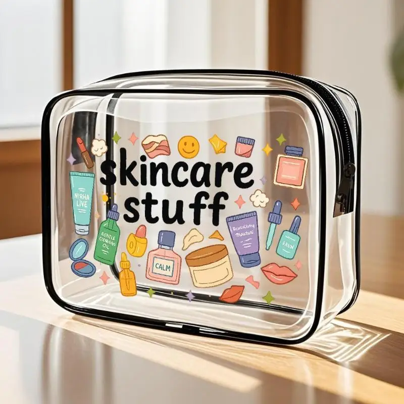 حقيبة مستحضرات التجميل المطبوعة الشفافة من جانب واحد، حقيبة أدوات الزينة المحمولة للسفر، حقائب مكياج سميكة، حقيبة تخزين من مادة PVC