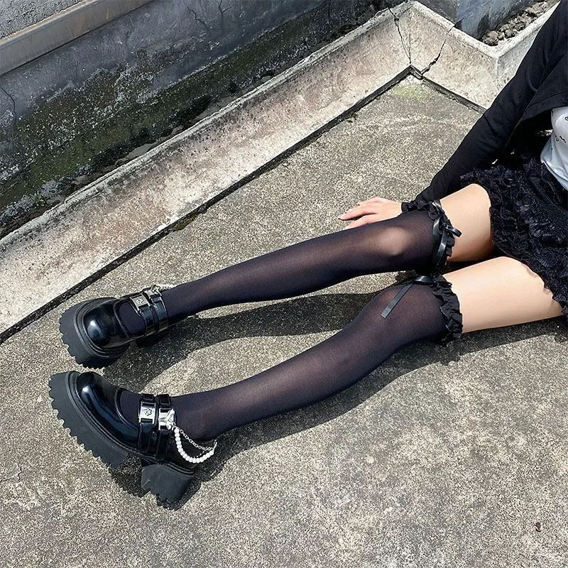 Lolita Cosplay Gray White Stockings Girl's Wide Lace Edged Bow High Velvet Leggings Thigh Socks Black Semi with Transparent