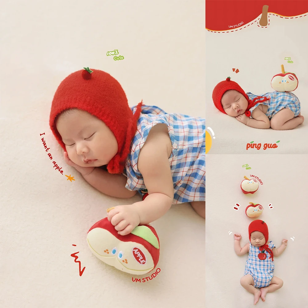 

Реквизит для фотосъемки новорожденных на тему яблока, вязаная шапка + детский комбинезон, мягкая игрушка для позирования яблока, студия 0-1 месяцев, креативный реквизит для детской фотосессии