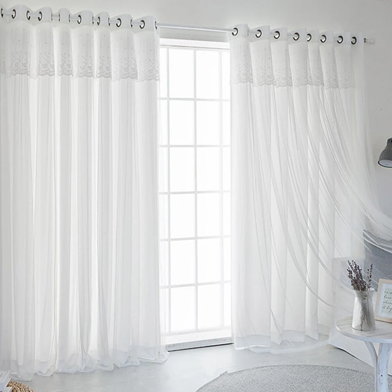 Solid Color Double Layer Curtains With Lace Embroidery Valance Semi Blackout Curtains for Living Room Grommet Top Window Curtain