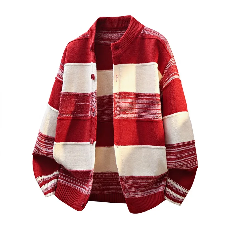 가을 겨울 스탠드 칼라 루즈 스웨터 남성 코트 버튼 긴팔 가디건 배색 패션 상의