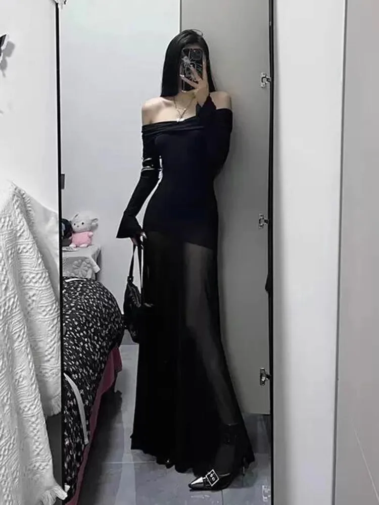 Vestidos de manga comprida das mulheres vestido topos para mulher primavera chiffon cauda manga comprida artístico fora do ombro emendado em camadas y2k