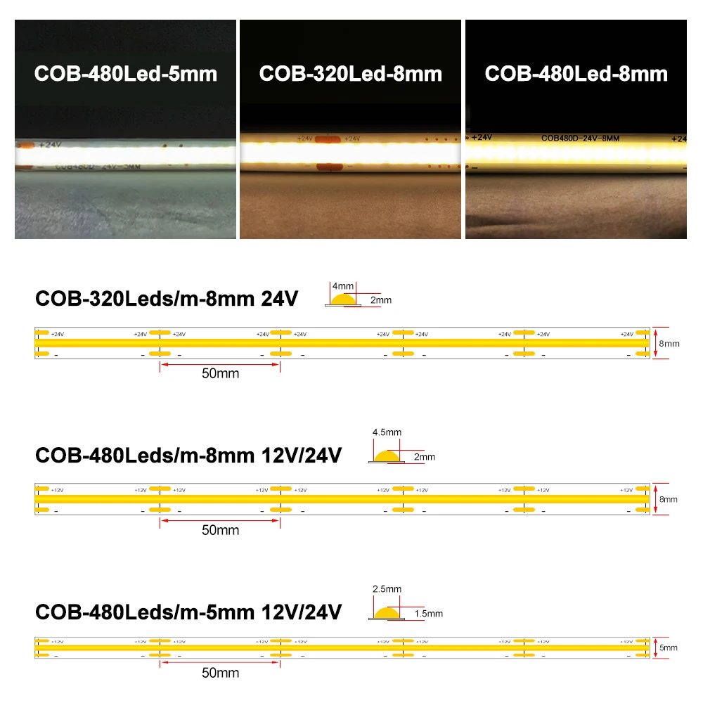 DC12V/24V COB Led Strip Light 8mm 320 480 Pixel/M RA90 FOB High Density Flexible Tape Linear Dimmable Warm Nature Cool White 10M