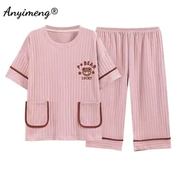 SUKAE Plus Size 2 Piece Women M-5XL Summer Calf-Length Pants Sleepwear Cotton Loose Cartoon Pijamas Woman Clothing Big Homesuit