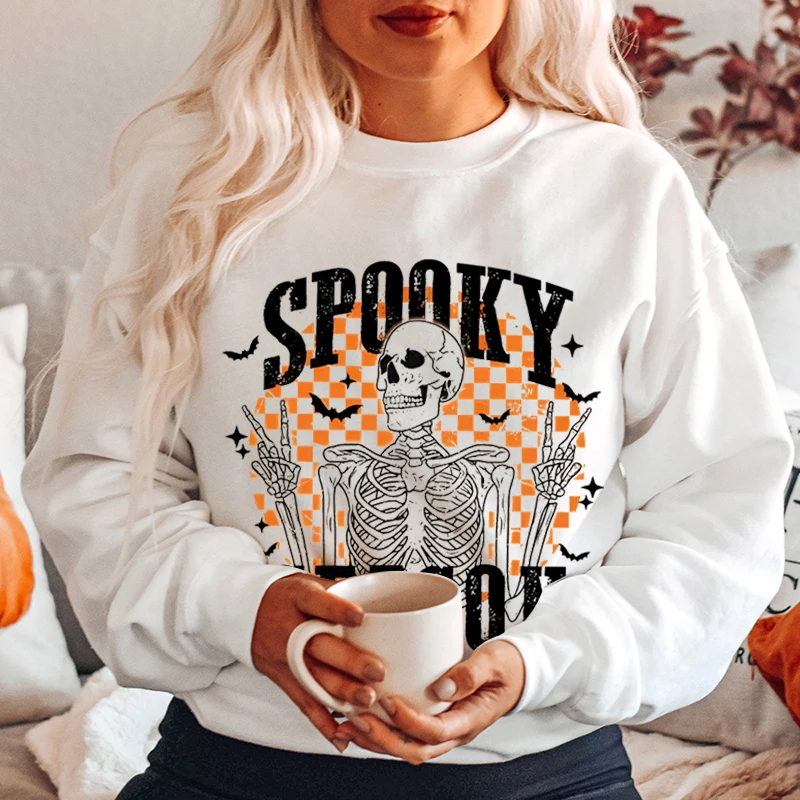 

Fashion Halloween Skeleton Spooky Season Print Hoodless Pullover For Women Autumn And Winter Casual Ladies Round Neck Sweatshirt