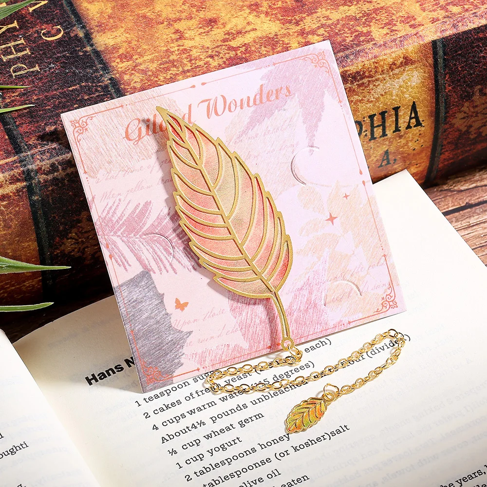 Aesthetic Iron Enamel Bookmark Hollow Feather Clover Page Marker with Chain Card Packaging for Book Lovers view 5