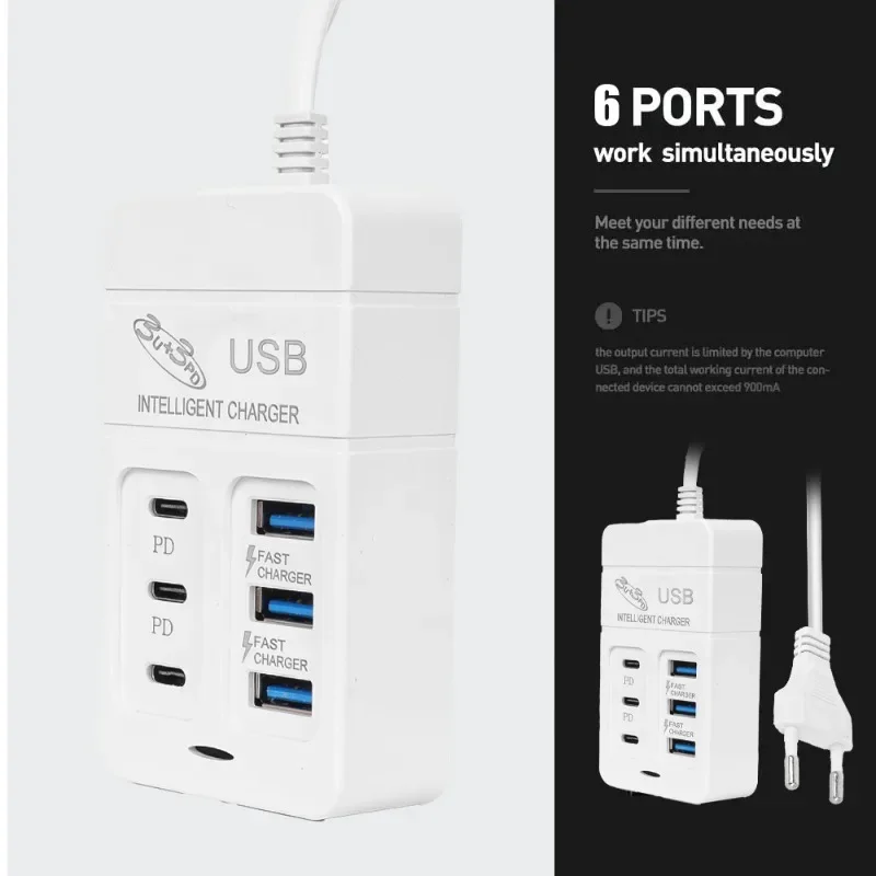 Multiport USB Charger Type C Desktop Wall Charger Adapter 35W Adapter Mobile Phone EU US Plug USB Type C 6 Ports Extend Charger