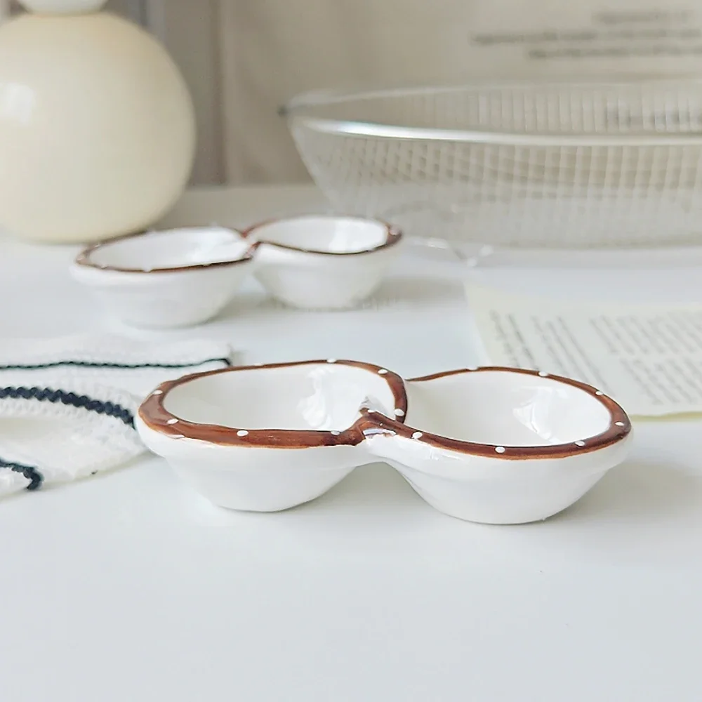 Creative Double Grids Porcelain Dish Restaurant Household Ceramic Dinnerware Hot Pot Barbecue Tomato Sauce Condiment Dishes