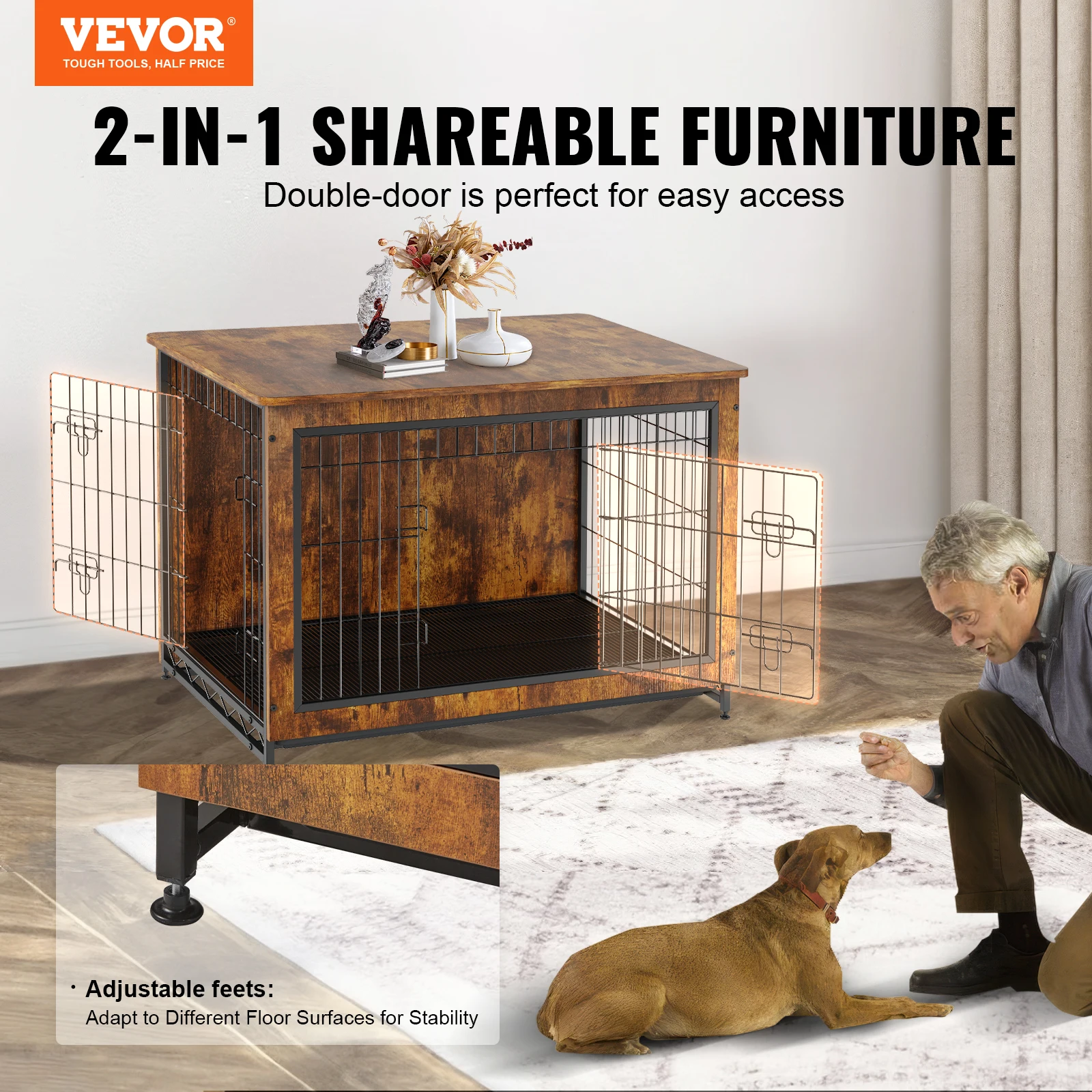 VEVOR Dog Crate Furniture 38in Wooden Dog Crate W/Multi-Purpose Removable Tray Double Doors Modern Dog Kennel Indoor Up to 70lbs