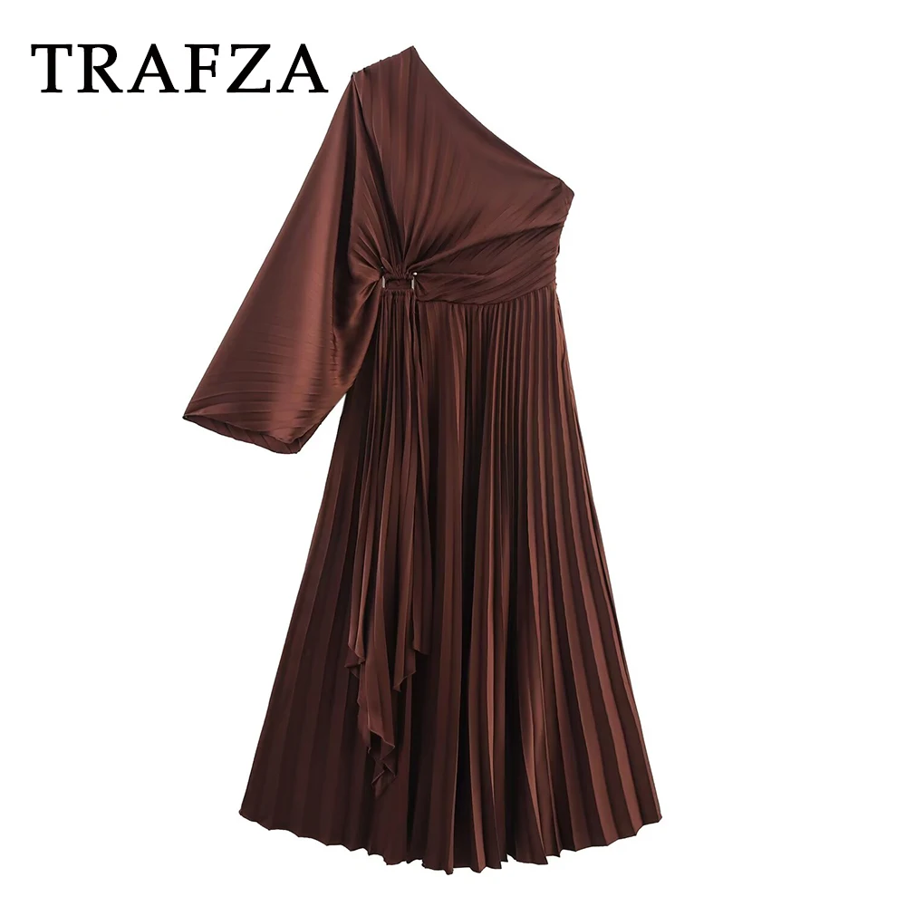 

TRAFZA Vintage Brown Asymmetric Woman Pleated Dress Night Party Diagonal Collar Dress Fashion 2025 Chic Birthday Long Vestidos