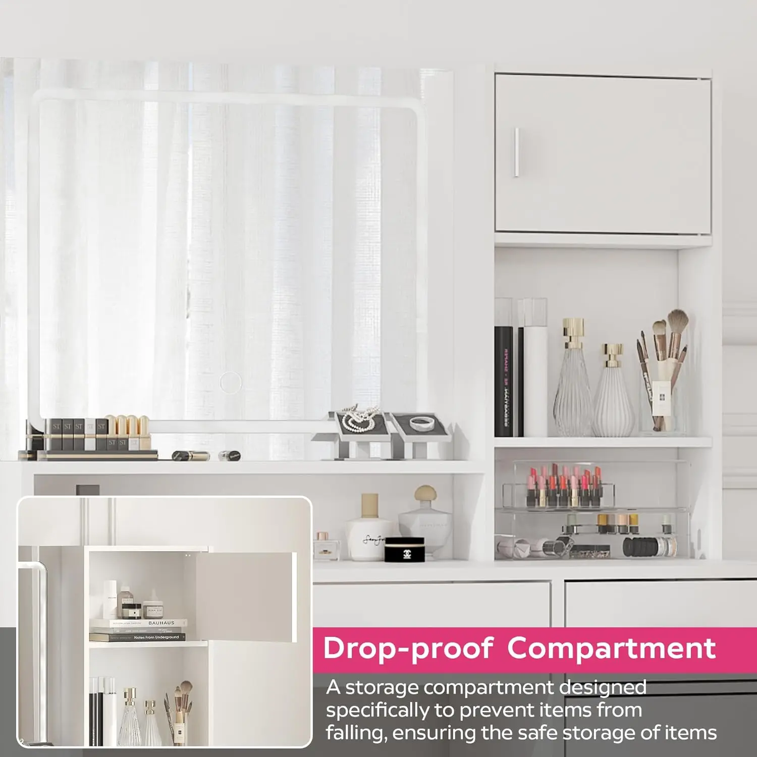 โต๊ะเครื่องแป้งพร้อมกระจกและแถบไฟ LED, โต๊ะแต่งตัวพร้อมลิ้นชักขนาดใหญ่, ตู้เก็บของ 3 ชั้น & ไฟ 3 ระดับ