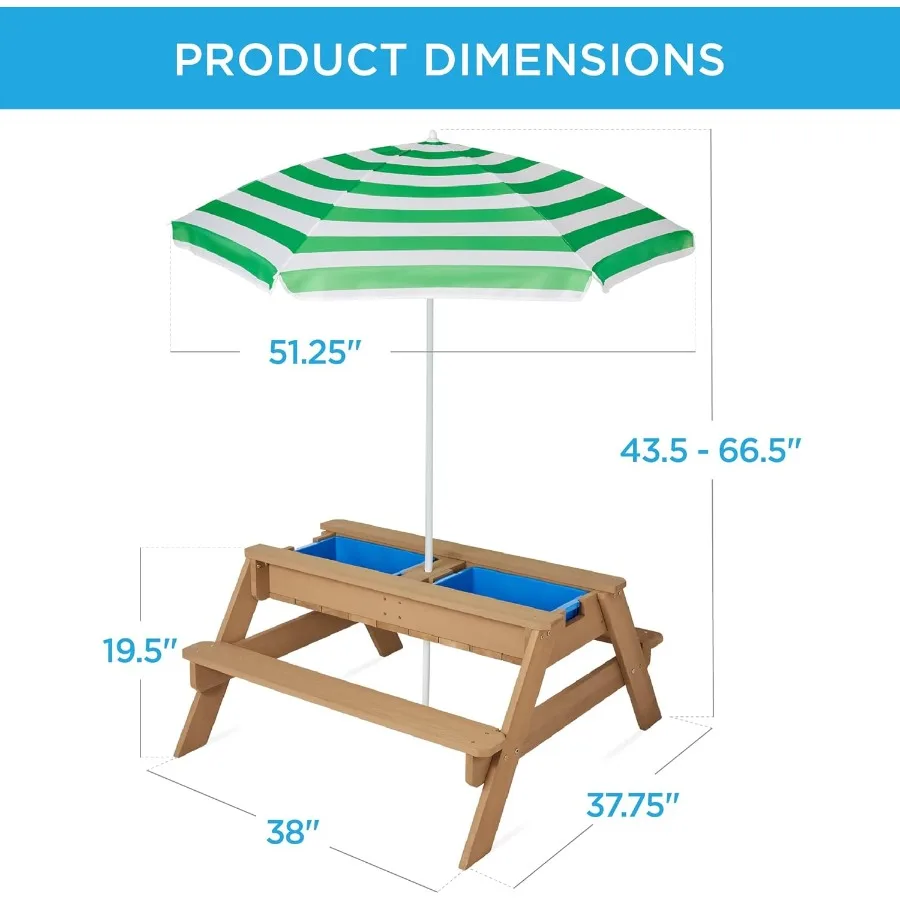 Tavolo da picnic convertibile per esterni in legno con sabbia e acqua 3in1 con ombrellone, 2 vassoi, parte superiore rimovibile, capacità 220 libbre per panca, verde