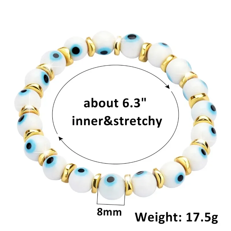 10pcs 8mm Coloured Glaze Evil Eyes White Yellow Balck Blue Eyes Elastic String Hematite Bracelet for Women Men Jewelry