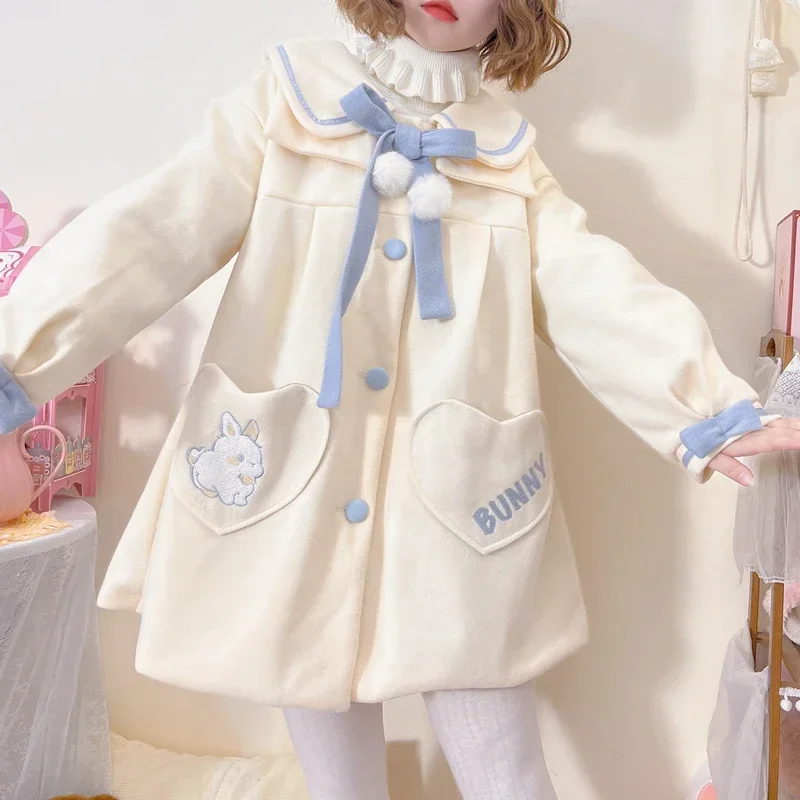 2024 Autumn Winter New Lolita Woolen Coat Female Sweet Cute Loose Large Size Doll Collar Overcoat Women Kawaii Wool Jacket Coats