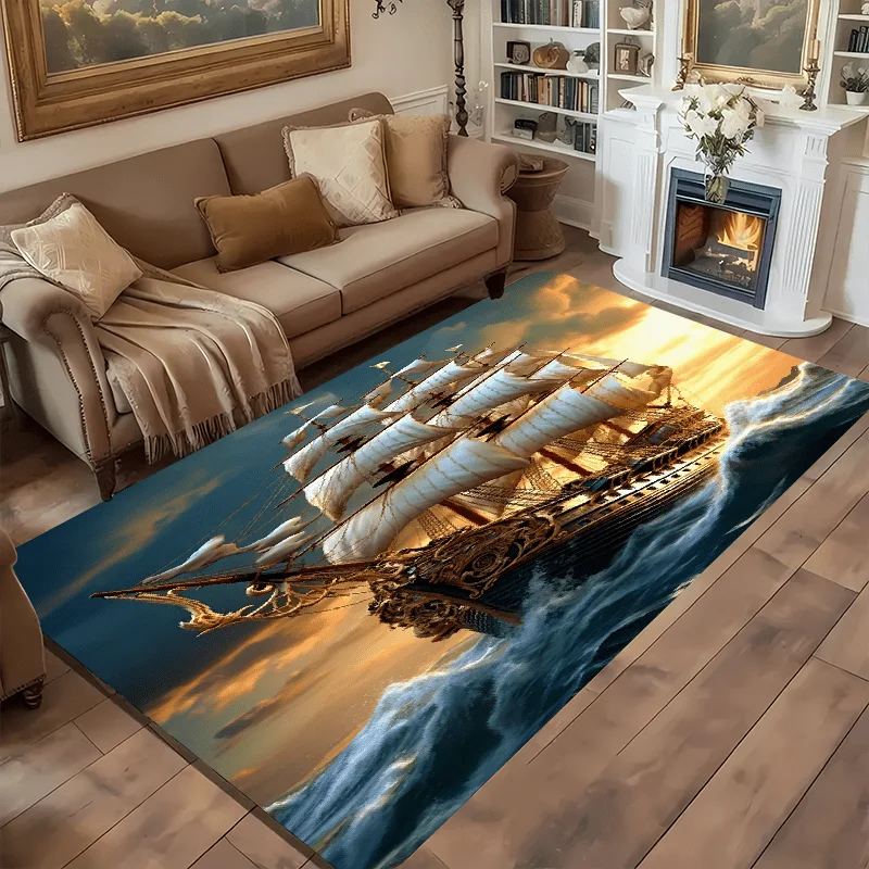 3D Sailing Ship Doormat, Vintage Ocean Wave Floor Rug, Non-Slip Nautical Welcome Mat for Entryway Porch Home Decor Gift