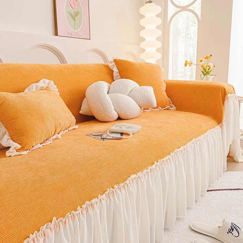 Corduroy Sofa Towel Covers with Skirt Edge French Anti Scratch Dust Cover for Living Room All Inclusive Lace Skirt Seat Cushion