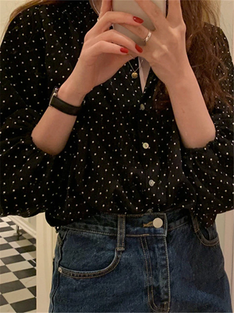 BL3061 New 2023 Fashionable Elegant Office Lady Buttons Oversize Dot Korean Style Wild Spring Summer Women\'s Blouses Shirts Tops