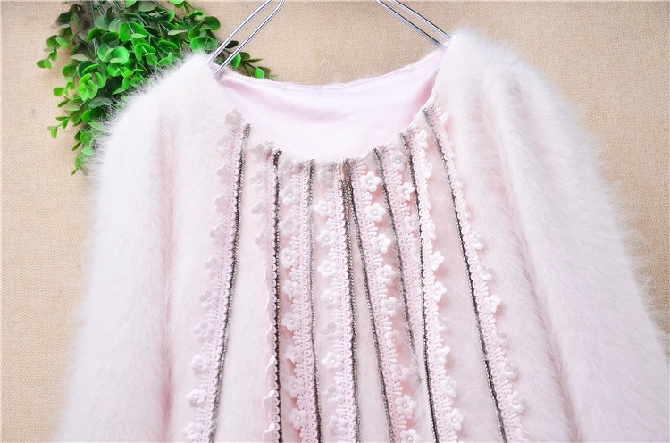 Women Mujer Autumn Winter Fashion Flower Sweet Pink Hairy Angora Rabbit Hair Three Quarter Sleeves Slim Sweater Jumper Pull Tops