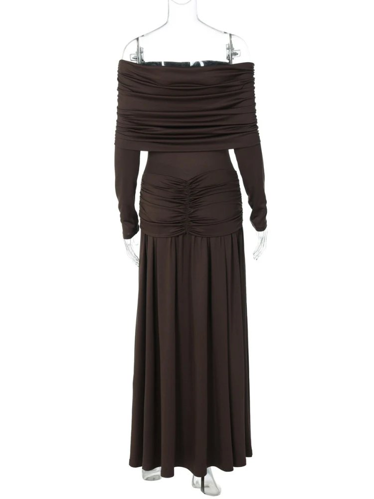 เดรสยาวทรงพลีทคอเฉียง ดีไซน์หรูหราจาก FDYOUI สำหรับผู้หญิง ฤดูใบไม้ร่วง 2025 แขนยาว แต่งระบาย  ชุดเดรสออกงาน ชุดราตรีสำหรับงานพรอม