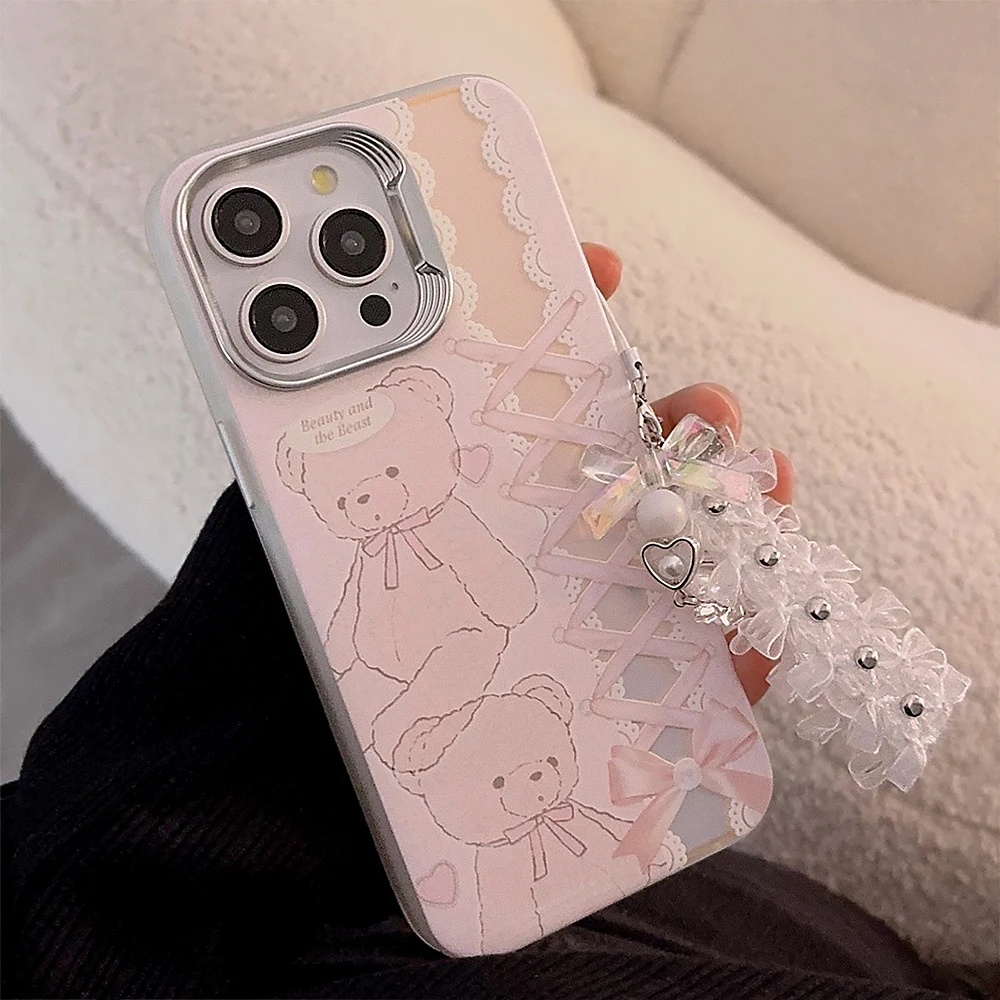 Korea Cute Pink Graffiti Bear Bow Ribbon Frosted Laser Phone Case Chain For iPhone 15 14 13 11 12 Pro Max Lanyard Cover