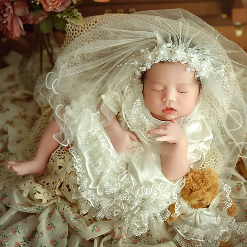 Terno de fotografia vintage do bebé, Roupa fotográfica recém-nascida, Tema do casamento, Roupa do casamento, Boneca ursinho, Adereços criativos