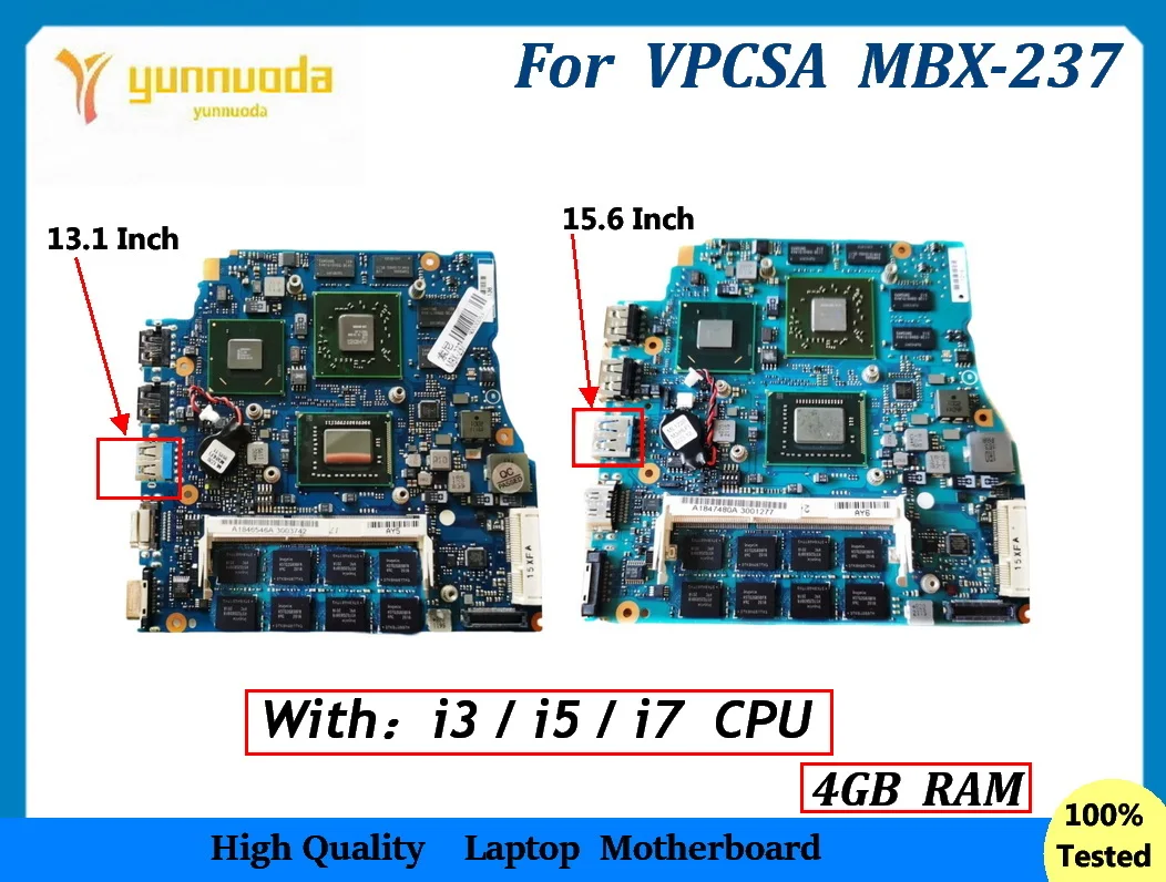 MBX-237 para placa-mãe de laptop VPCSB com CPU i3 i5 i7, 4GB de RAM, 512M, 1GB de GPU, 13.1 15.6 polegadas, testado e em bom estado.