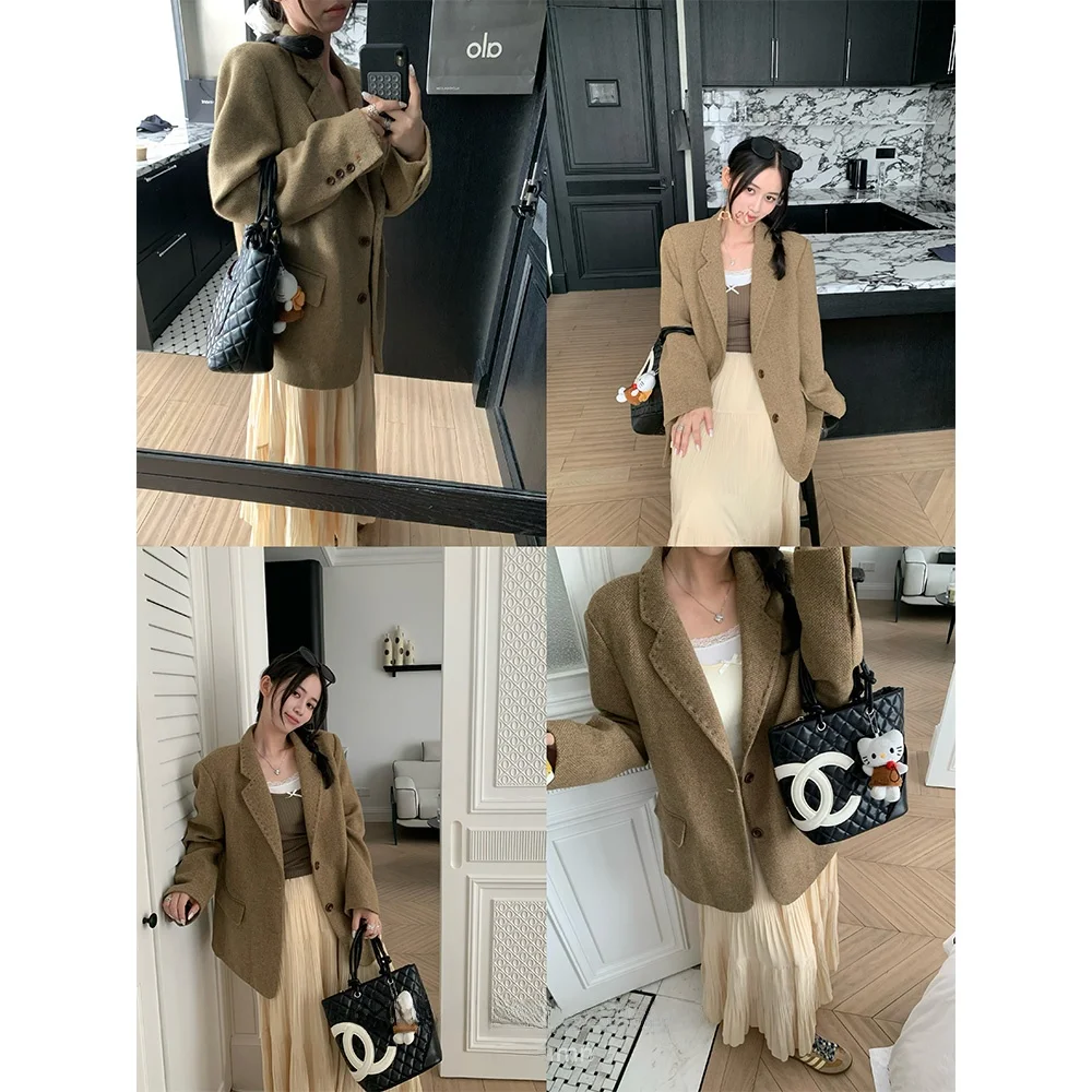 

Женский пиджак цвета хаки ручной работы, свободного кроя, в корейском стиле, повседневный, с длинными рукавами, V-образным вырезом, однотонный, на пуговицах, осенняя новинка