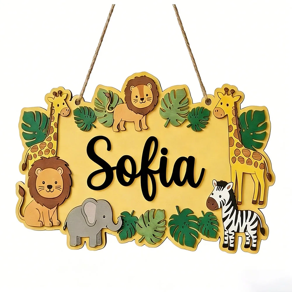 Personalized Safari Name Sign, Cute Yellow Jungle Wooden Nursery Decor, Lion Giraffe Door Plaque, Unique Animal Lover Gift image 6