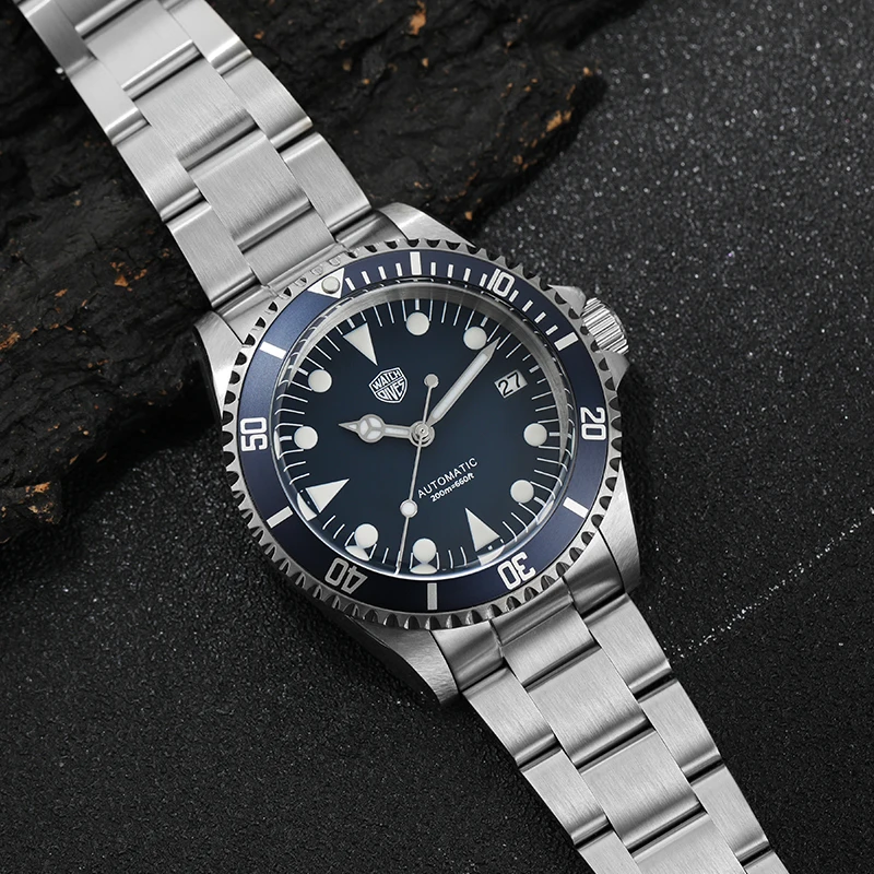 Watchdives WD79090 NH35 Movement Vintage Sub Watch Sapphire Crystal Aluminum Bezel 316L Stainless Steel Tapper Bracelet Watch