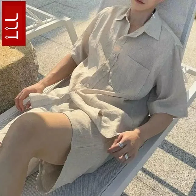 Loose Fit Linen Silk Short Sleeve Shirt Set Men's Vintage Feel Cotton Linen Five-Quarter Shorts Two-Piece Set Breathable Summ...