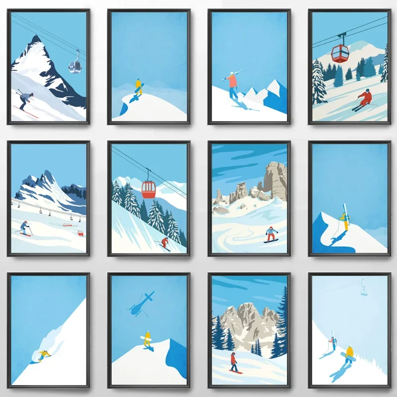 Blue Skiing Snowboard Mountain Winter Canvas Painting Ski Sport Wall Art Poster for Living Room Decoration Home Decor Picture