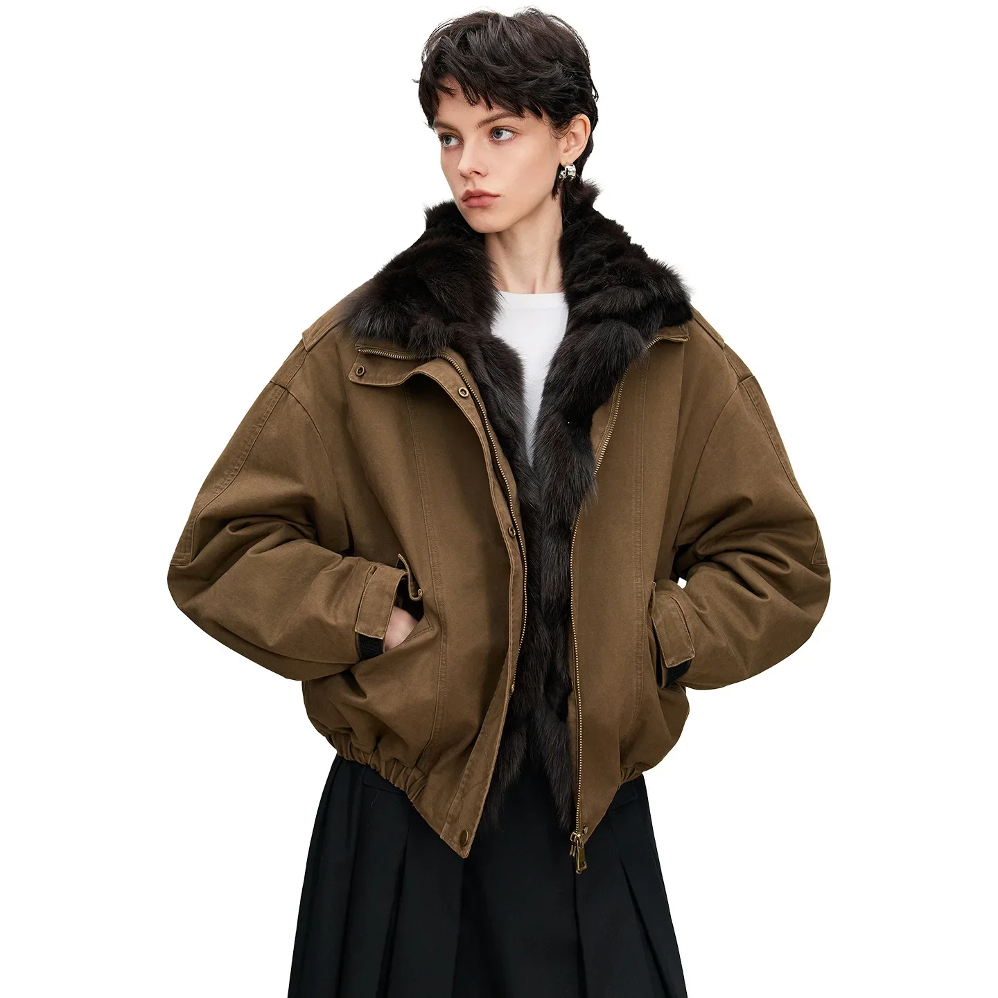 Nieuwe damesvossenbont gevoerde parka jas spijkerjasje casual stijl lederen bovenkleding met lange mouwen comfortabele winterbovenkleding