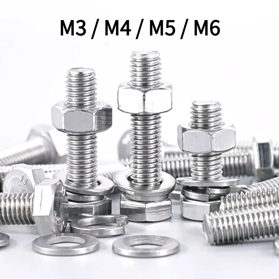 

304 Stainless Steel Hex Head Bolt, Screw and Nut Set, M3/M4/M5/M6/Extended Screw Rod Complete Fittings Assortment