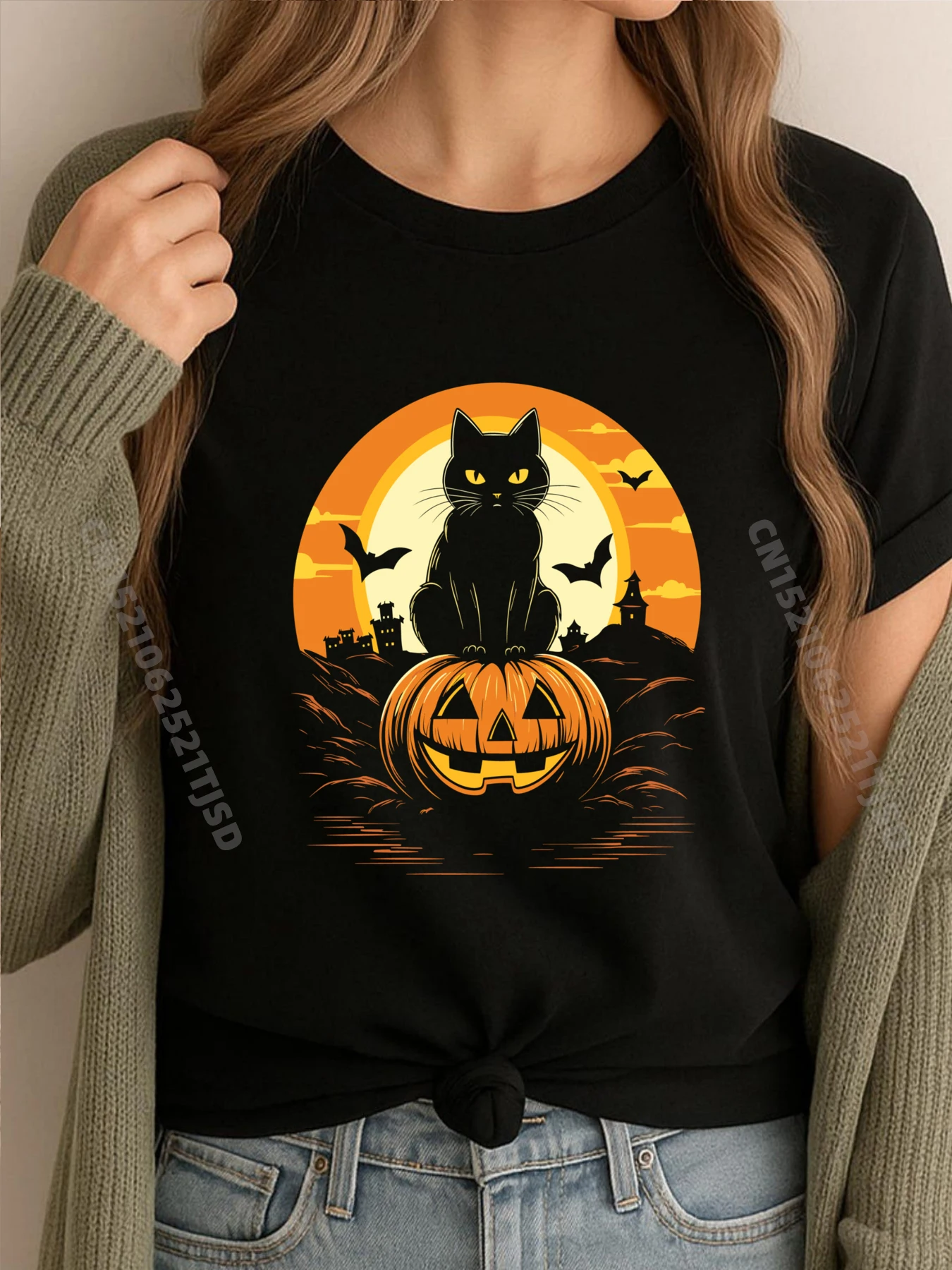 

Funny Halloween Horror Black Cat Pumpkin For Woman Shirts Woman Graphic Sale T Shirt for Woman