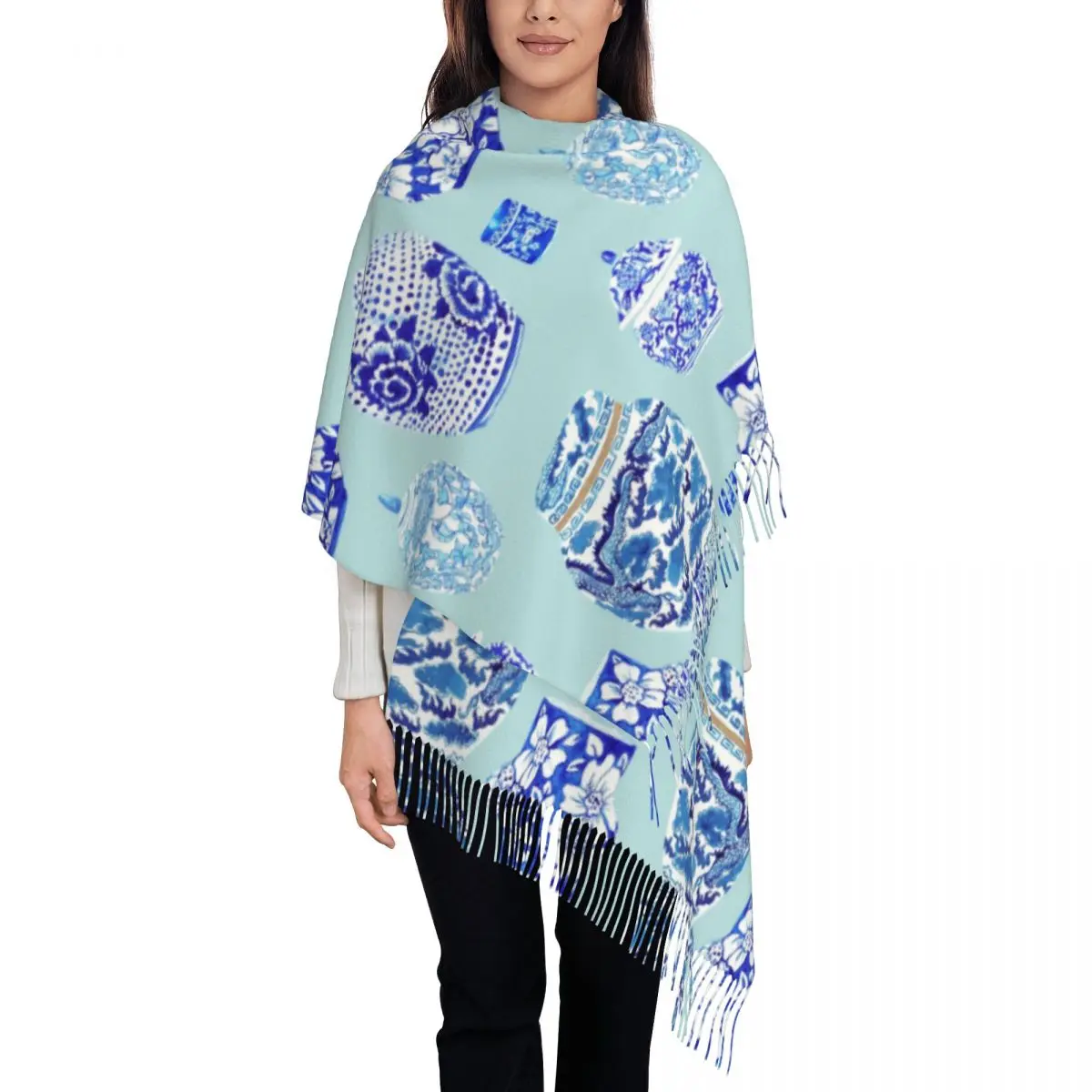 

Custom Printed Chinoiserie Blue Porcelain Scarf Men Women Winter Warm Scarves Delft Blue Oriental Style Shawls Wraps