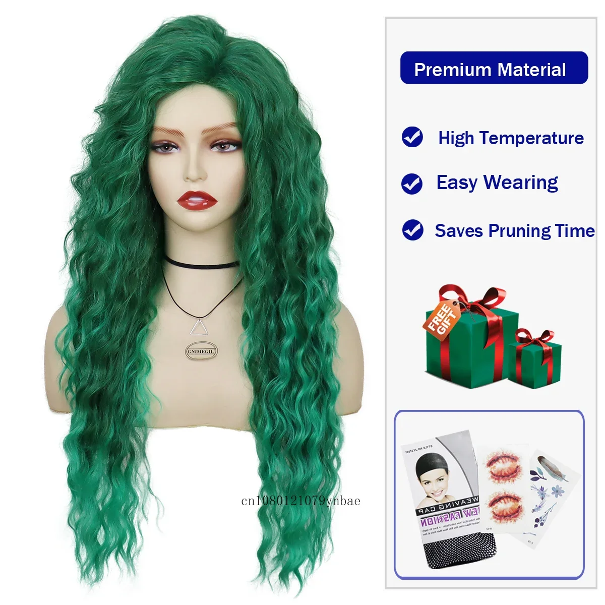 Peluca sintética verde para Cosplay de Halloween para mujer, pelucas largas onduladas con agua, disfraz, fiesta de Carnaval, aspecto Natural resistente al calor