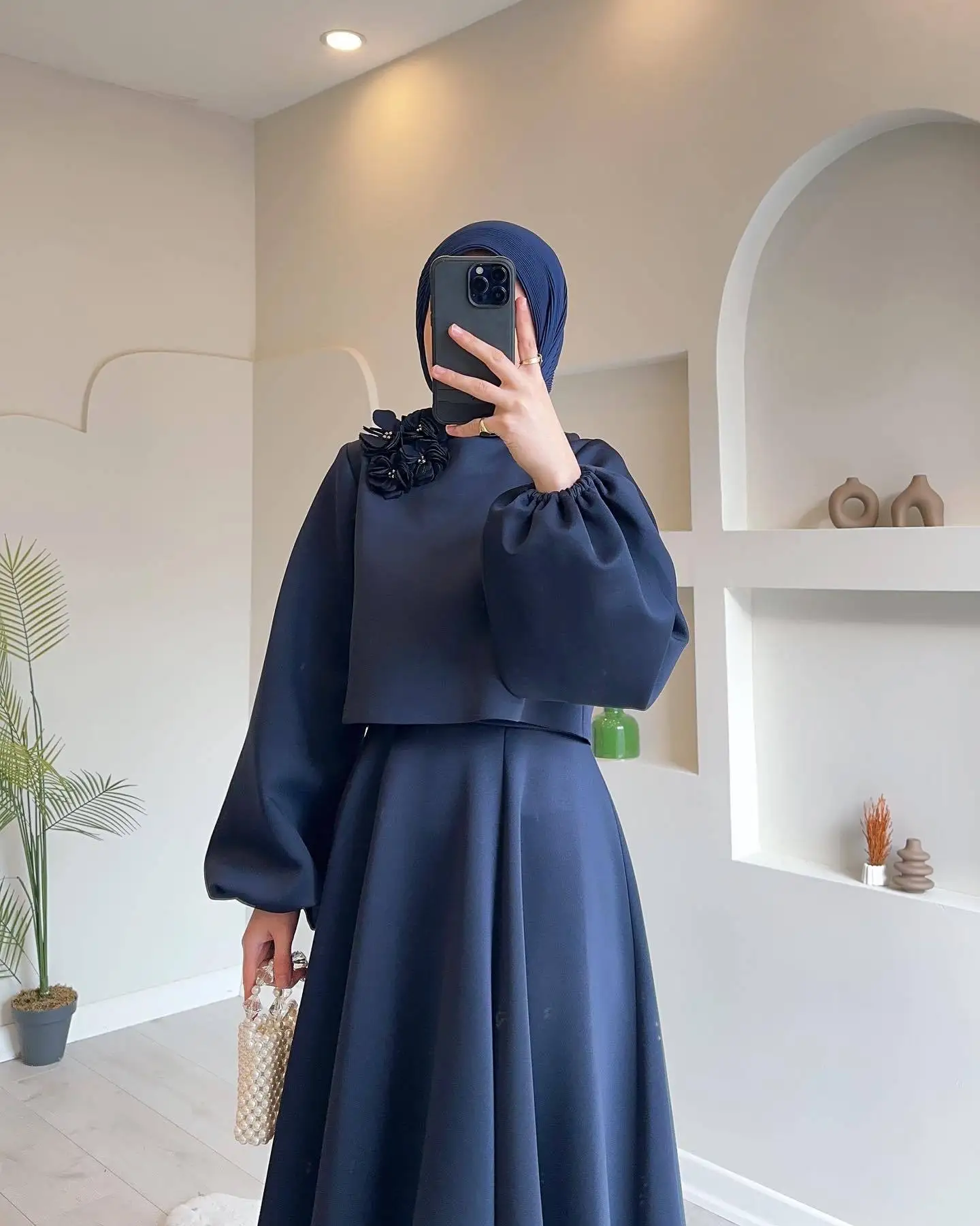 2024 Middle Eastern Dubai Flower Lantern Sleeve Women Skirt Suit Two-piece Set Elegant Top and Pleats Skirt Muslim Clothing