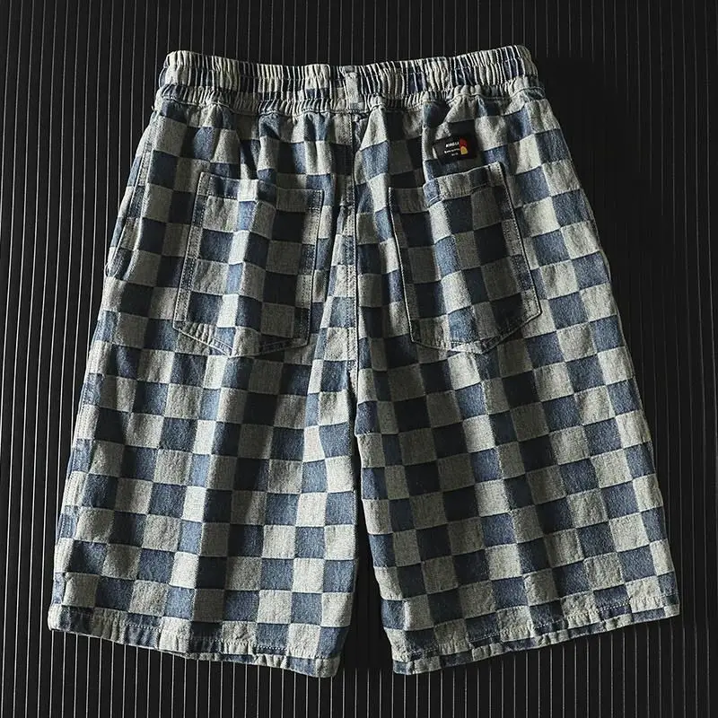 Trendy Brand Fashion Summer New Men\'s Elastic Waist Chessboard Grid Drawstring Pockets Young Style Loose Straight Casual Shorts