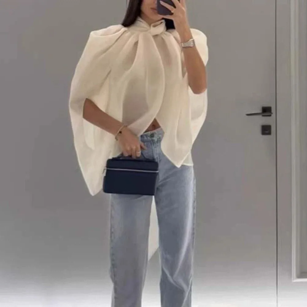 

Stand Collar White Shawl Bow Tops Streetwear Temperament Solid Shawl Style Shirt Chiffon White Women's Bowknot Shirt Girls