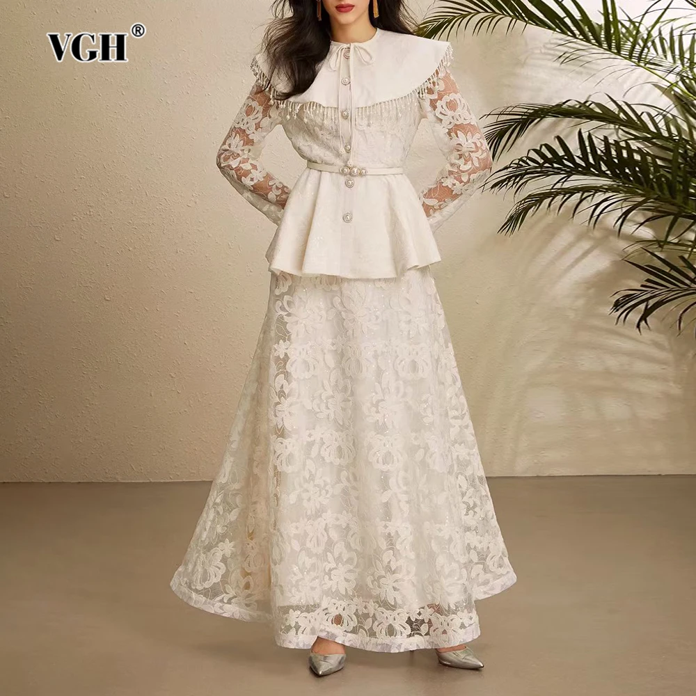 

VGH Сексуальный комплект из двух предметов с кисточками для женщин, топ с круглым вырезом и длинными рукавами, с поясом, кружевная юбка с высокой талией, элегантные женские костюмы