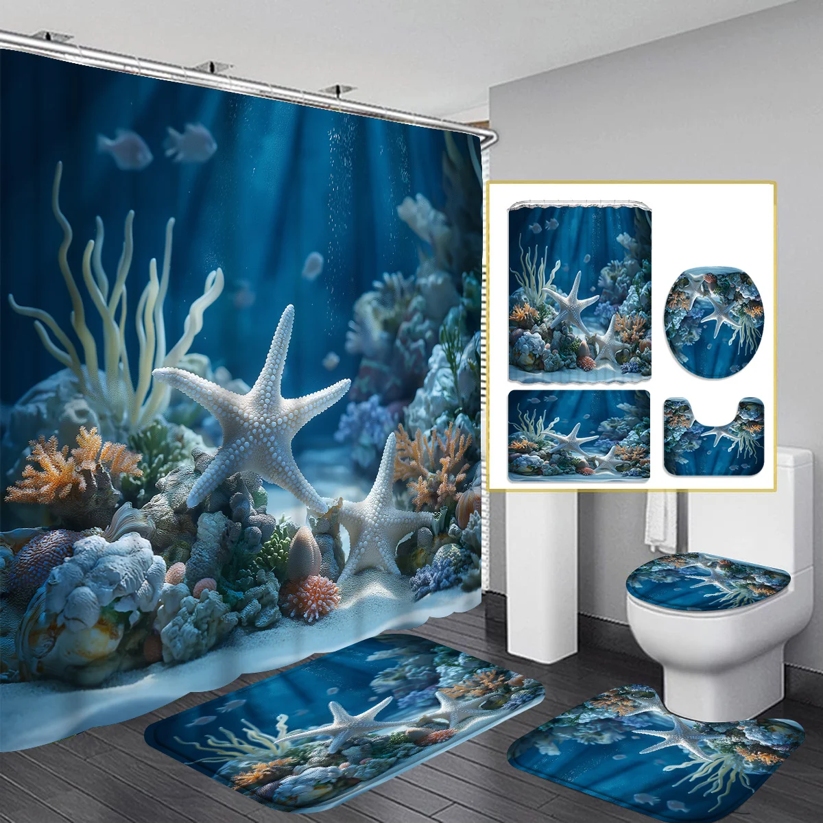 

Ocean themed bathroom four-piece set - waterproof shower curtain + floor mat + toilet mat set - underwater world decoration