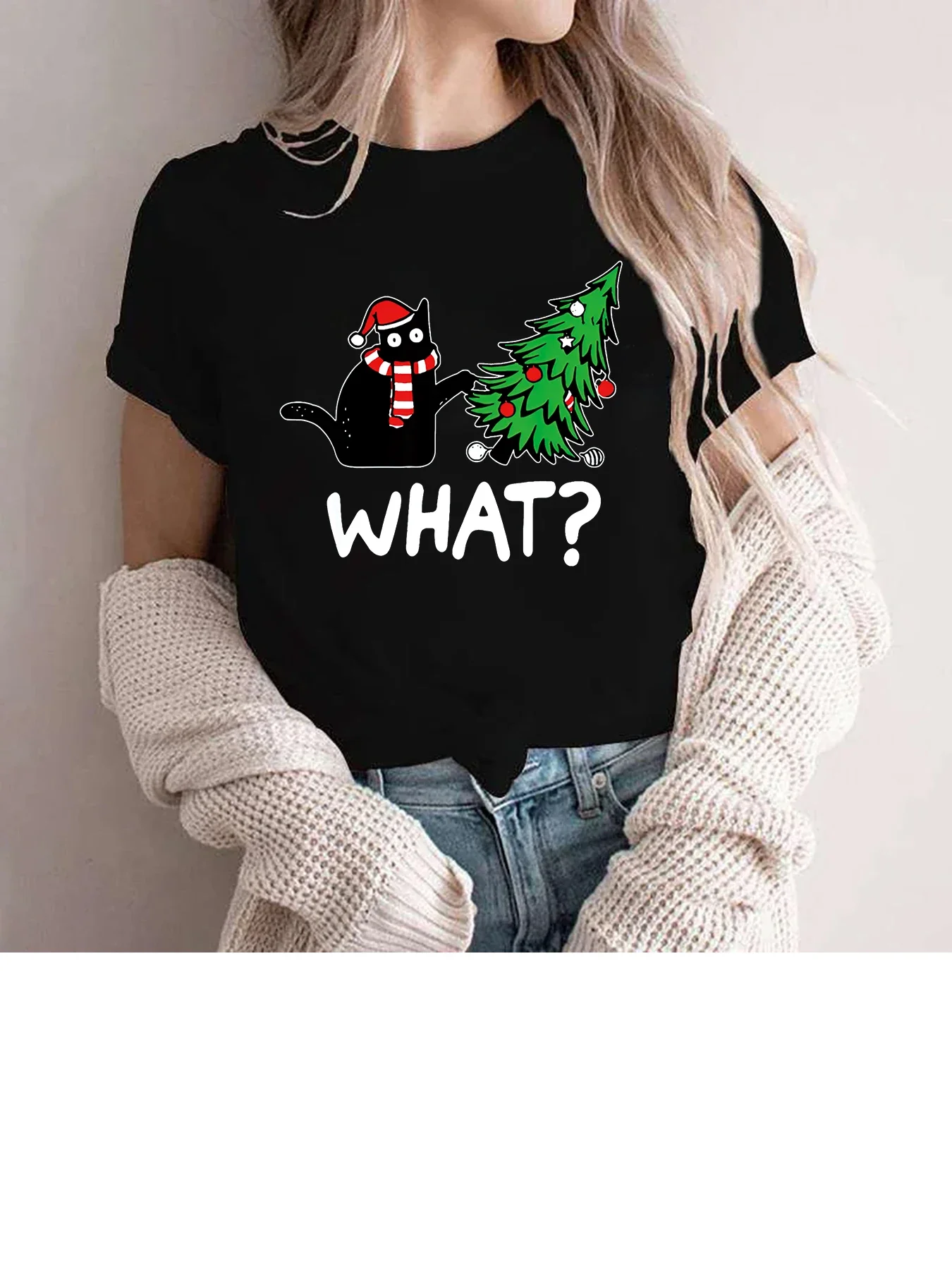 Women's Christmas Black Cat Printed T-Shirt Funny Christmas Gift Holiday Graphic T Shirt Lovely Cute Tee Tops