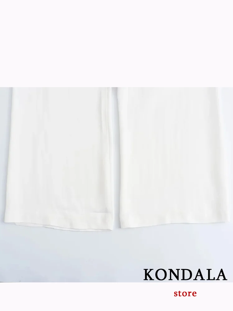 KONDALA Casual White Women Suits Long Sleeve O Neck Split Shirts+High Waist Wide Leg Pants Fashion 2023 Autumn Office Wear Sets